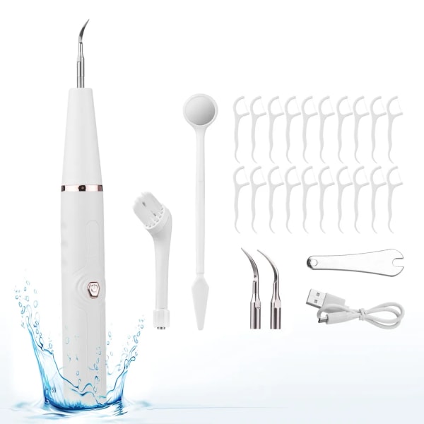 Elektrisk tandstensborttagare Tandrengöringsmedel Tartarborttagare USB uppladdningsbart tandrengöringssats med tungskrapa Oral Mirror Vit
