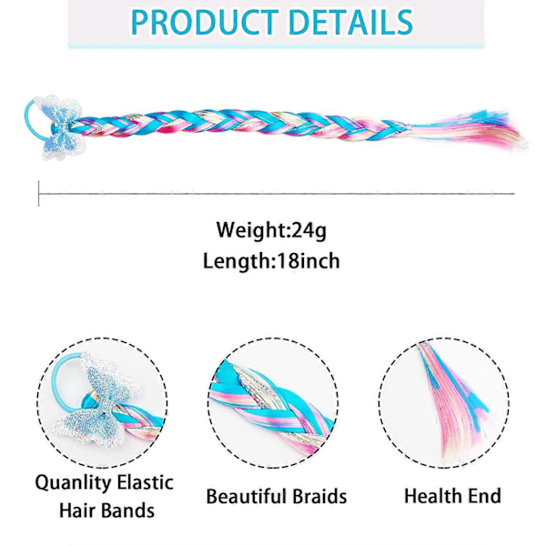 8 stycken färgade flätor hårförlängningar med gummiband hästsvansar hårsnoddar regnbågsfärg syntetiska hårstycken glitter flätade hårförlängningar för W