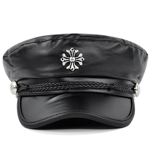 Pu Læder Navy Cap Cross Militær Cap Bælte Baret Fashion Cap Pu Ottekantet Cap Flat Top Cap