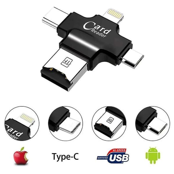 4-i-1 Ekstern Kortlæser USB Micro SD og TF Kortlæser Adapter (SORT)