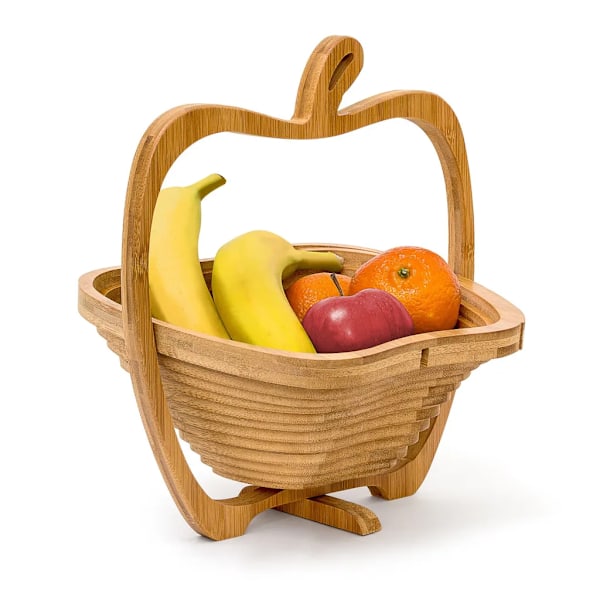 Foldable fruit basket, apple design wooden storage basket, folding basket 27*22.5*30cm, natural brown