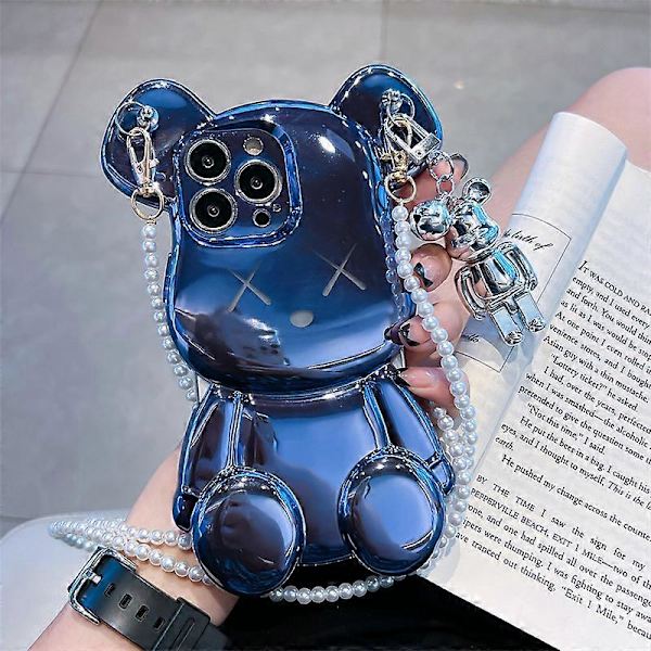 Söt Skal för iPhone 13 Pro Max, 3D Cartoon Björnskal Glitter med Metallkedja Rem Bell Hänge, Mode Plätering Mjuk TPU Stötsäker (Lila)