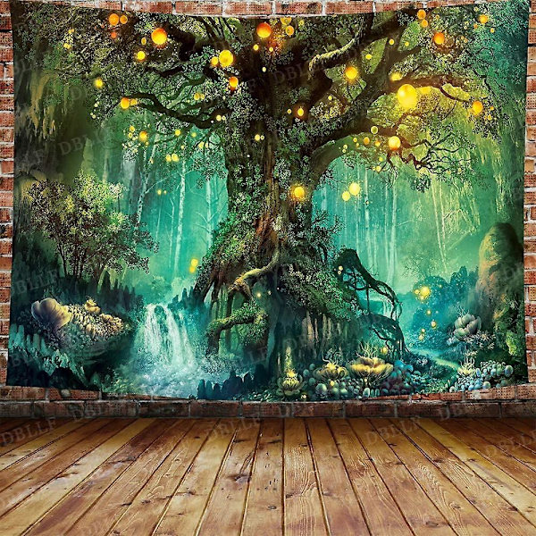 Fantasy Forest Väggbonad Magiskt Livets Träd Väggbonad Mystiska Lysande Lyktor Väggbonad Vattenfall Under Gammalt Förhäxad Träd Väggbonad 80 x 60 Flan