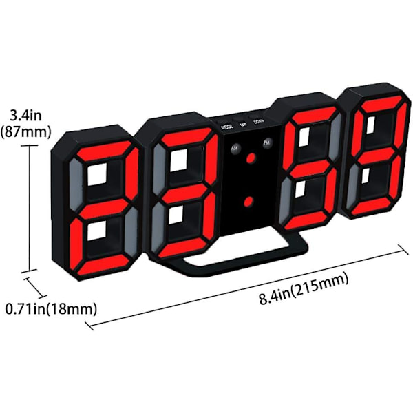 3D digital väckarklocka LED väggklocka med 3 justerbara ljusstyrkenivåer Snooze Dimmer Lätt att läsa