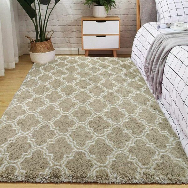 Shaggy stue tæppe 140200cm brun med mønster - sengebord shaggy tæppe blødt tæppe til stue soveværelse sofa