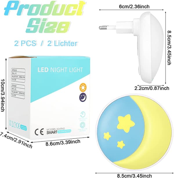 2-delt nattlyskontakt med lyssensor, justerbar hvit LED-lampe