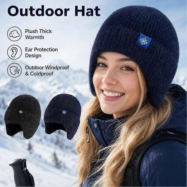 Varm stickad utomhusmössa - Stretchig termisk mössa med öronvärmare och snöflingemönster, unisex Navy blue
