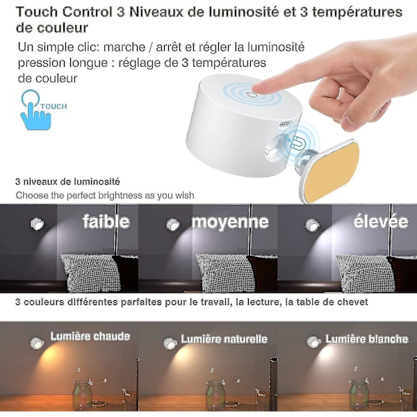 Indendørs væglampe, Touch LED væglampe med USB-opladningsport, berøringskontrol, 3 lysstyrkeniveauer 3 temperaturer 360 roterbar sengelampe til soveværelse