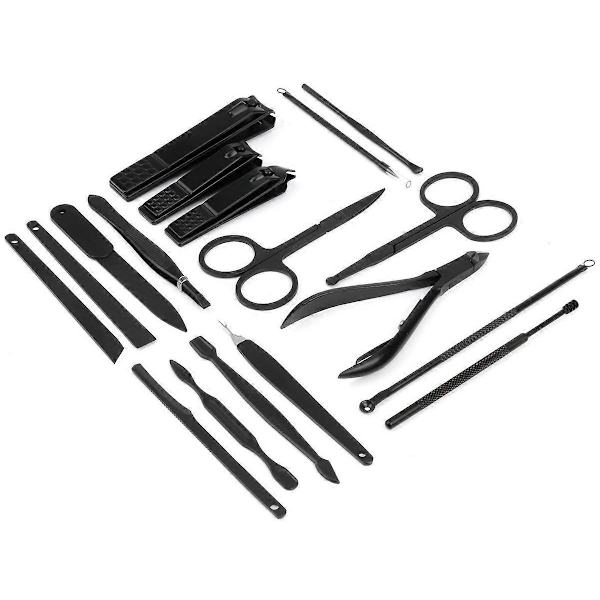 Manikyrset, 18 i 1 Rostfritt Stål Professionellt Pedikyrset Nagelsaxar Grooming Kit med Svart Läder Reseväska Blå -