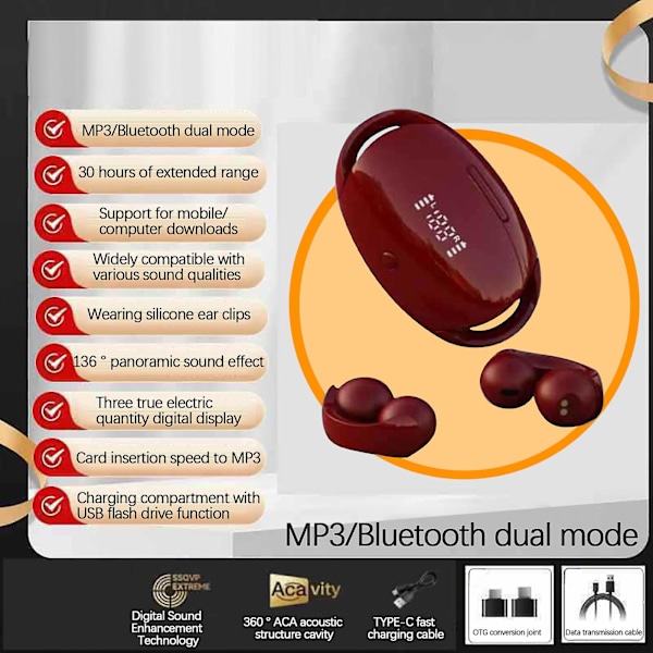 Komfortabel øreklips-stil, HiFi-lydkvalitet, lang rekkevidde Bluetooth 5.3 intelligent digital display, privat modell universal