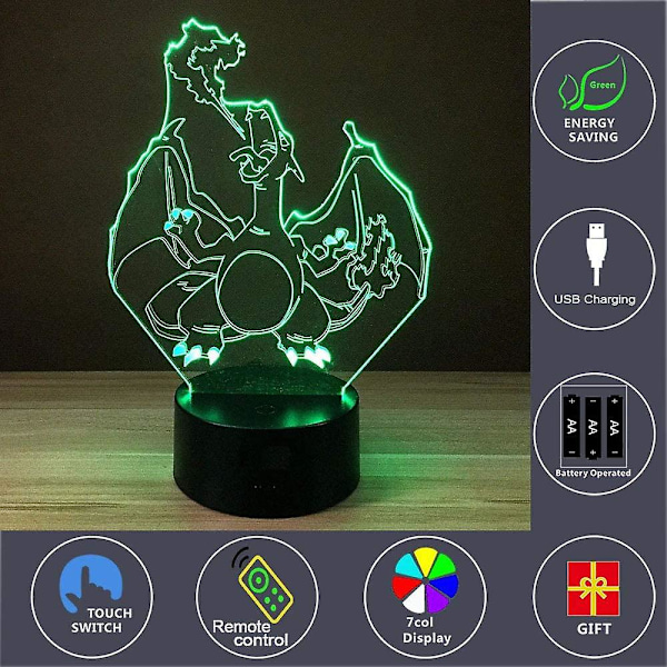 3D Optisk Illusion Charizard Nattlampa Leksak, Fjärrkontroll, Dimbar, Batteri eller USB-driven, 7 Färger Byter Jul Födelsedagspresent För Pojkar Flickor