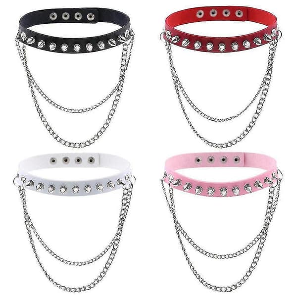 Punk Goth Metal Spikförsedd Länk Läderhalsband Choker (vit)