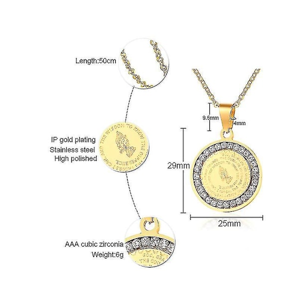 Herr Bibelvers Bön CZ Halsband Kristna Smycken Guld Rostfritt Stål Bedjande Händer Mynt Medalj Hängsmycke Halsband（627S）