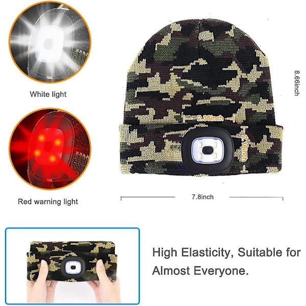 Hue med lys og rødt advarselslys, USB genopladelig LED lysende hue med 3 lysstyrkeniveauer, håndfri pandelampe hætte (camouflage)