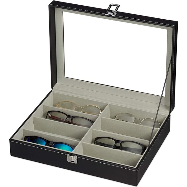 Oppbevaringsboks for solbriller med 8 rom, oppbevaringsboks for samlebriller laget av PU-skinn