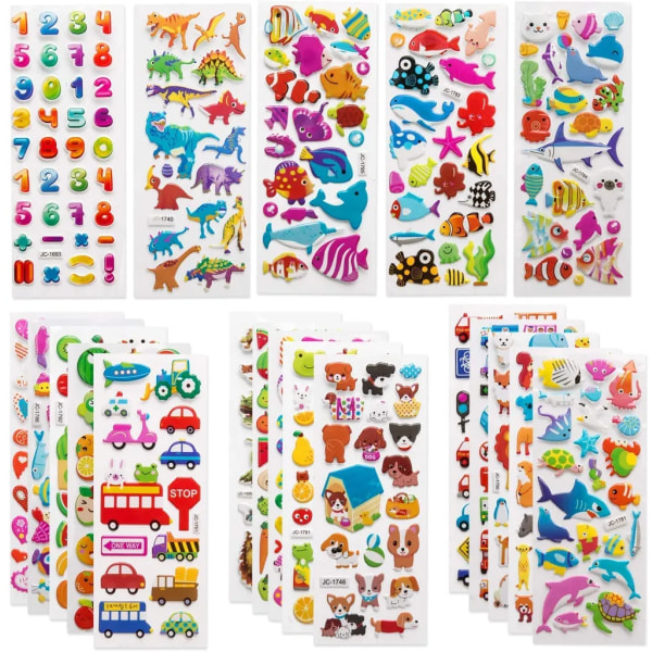 3D-klistermärken för barn och småbarn 500+ fluffiga klistermärken Söta olika uppsättningar bokstäver, siffror, fjärilar, fiskar, dinosaurier, etc. (slumpmässiga stilar)