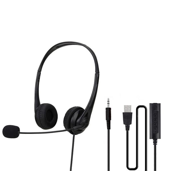 USB-headset med mikrofon, med lydstyrkekontrol, til onlinekonference, onlineundervisning, spil, computerheadset (sort)