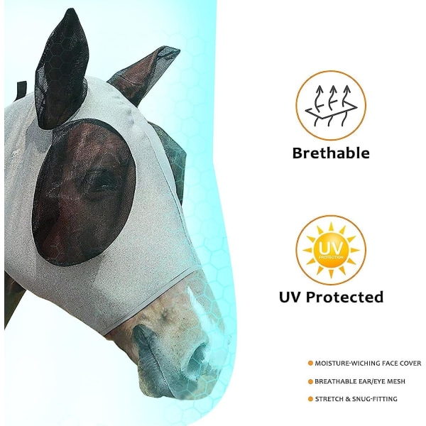 Hästmask med öronflugamask, skyddar mot UV-strålar och flugor, bekväm och töjbar, passar de flesta stora hästar
