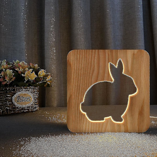 Rabbit Night Light For Kids Wooden 3d Lamp Creative Wooden Lights Simple Decorative Lights 3d Wood Carving Pattern Led Night Light For Desk