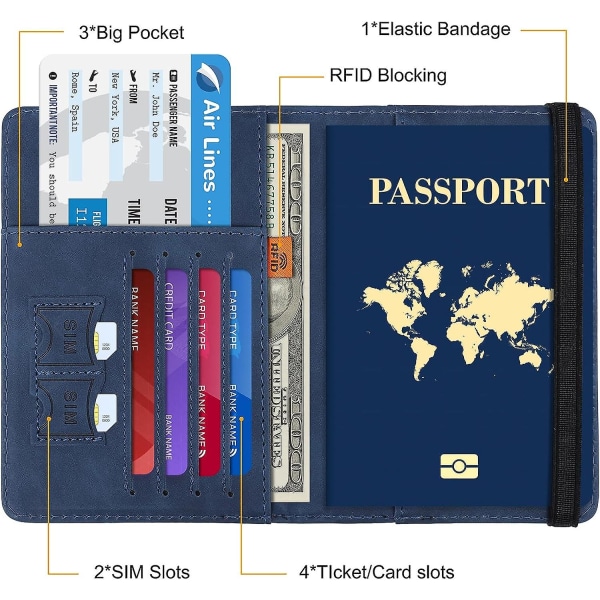 Blå passplånbok, reseförvaringsväska Passhållare Bärbar portfölj med sköld, kreditkort, ID-kort, flygbiljett, 1 bok