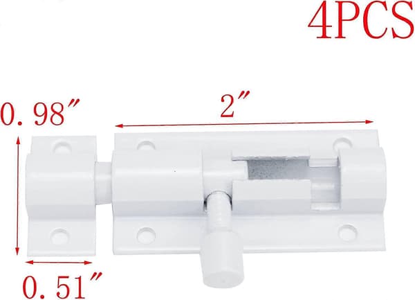 Vit Fatbandslås i Aluminiumlegering, Glidande Dörrlås 2 Tum, Säkerhetslås med Skruvar, 4-pack