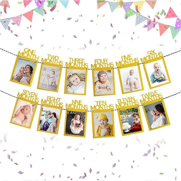 Dekoration för trädgården 1 årsdag Fotobanner för nyfödda till 12 månader, Flicka Pojke Första födelsedagsfest Dekoration, Månadsvis Girlang (Gå