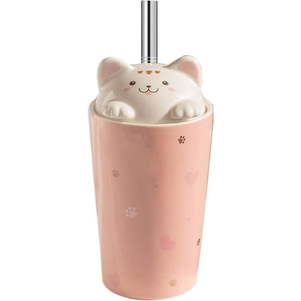 Katt kaffemugg med lock, keramisk resemugg med 3d kattlock, återanvändbar lång mugg för te, mjölk, bubbelte (rosa)