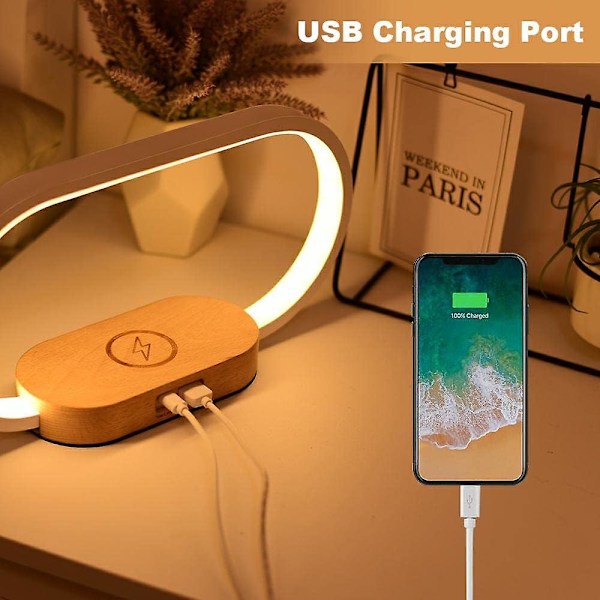 Nattbordslampe med trådløs lader, skrivebordslampe med USB-port, soveromslampe med klokke, nattbordlampe, dimbar 3 fargemoduser, hvit