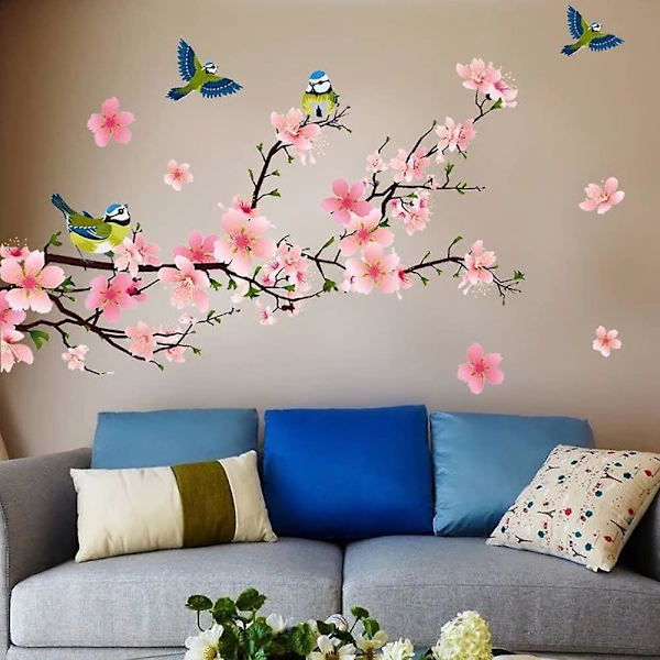 Dww-Peach Blossoms & Birds I klistremerke veggklistremerker roser kirsebærtre gren planter for stue soverom kjøkken gang barnerom