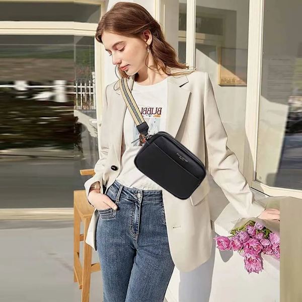 Crossbody-väska för damer - Läder med bred rem Handväska med bred