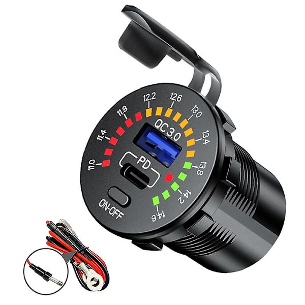 Biloplader Oplader Bil Qc3.0 Usb Type C Hurtigoplader Voltmeter Led-afbryder A