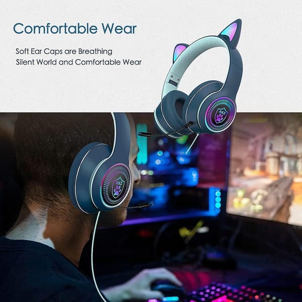 Katteøre Gaming Headset med Mikrofon Blinkende Lysende Stereo Headset-Marineblå
