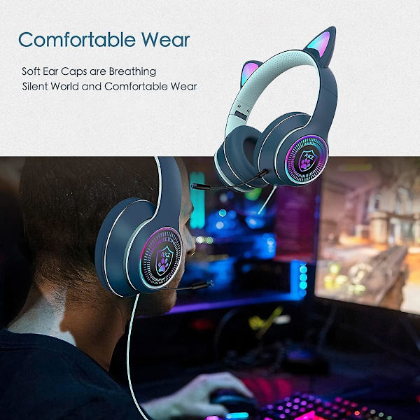 Kattöron Gaming Headset med Mikrofon Blinkande Lysande Stereo Headset-Marinblå