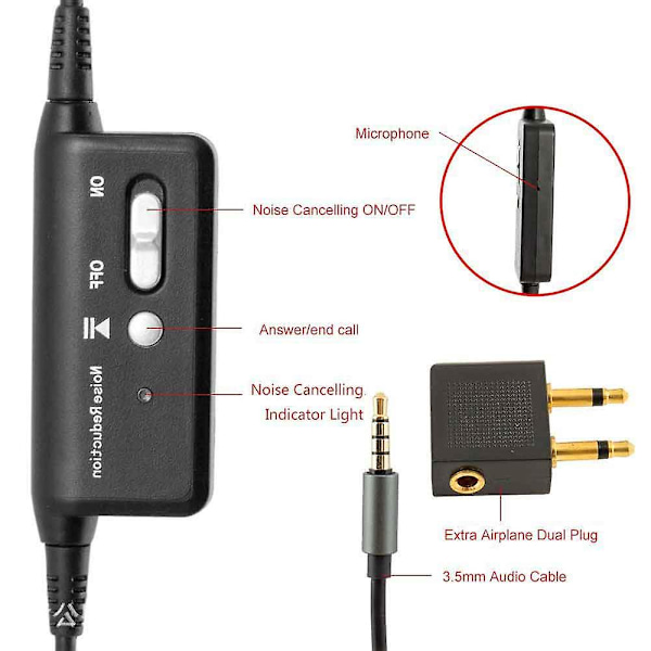 Aktiv støyreduserende hodetelefoner med mikrofon og flyadapter, sammenleggbare og lette reisehodesett