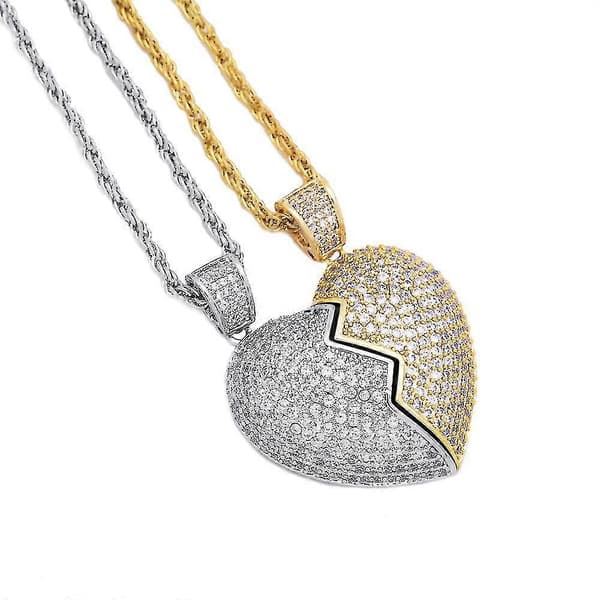 2-i-1 Hjärta Patchwork Halsband Hip Hop Stil Hänge Herr- och Damaccessoarer (Guld Silver Patchwork Par)