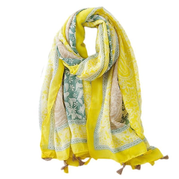 Boho-halsduk för kvinnor, lätt sjal med blommönster, höst/vinter, mode, fransad sjal, sjal, födelsedagspresent, julklapp - SL2004-051 Gul