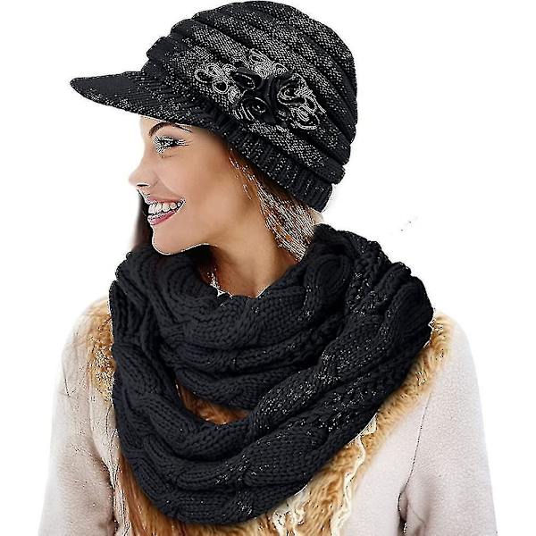 Dam Beanie Mössa Halsduk Set Vinter Varma Tjocka Stickade Slouchy Skull Cap Infinity