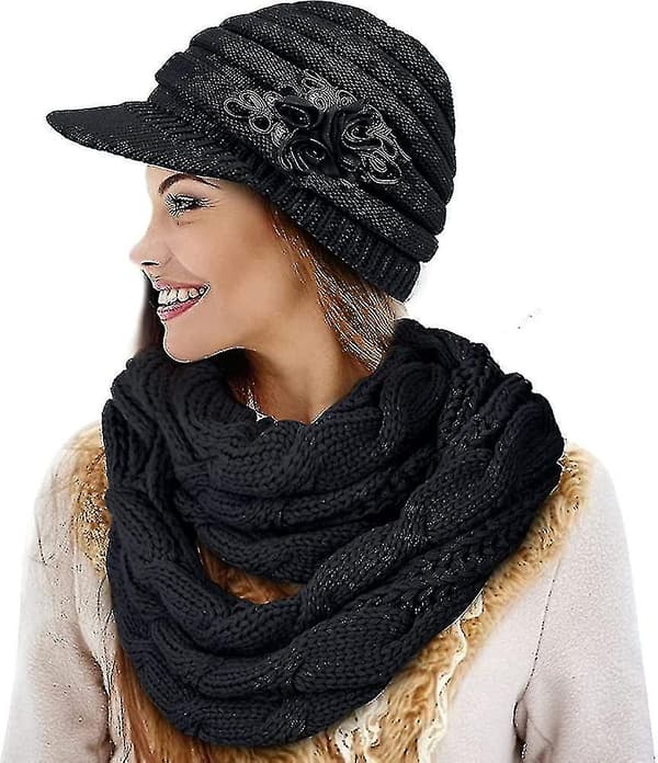 Dame Beanie Hat Halstørklæde Sæt Vinter Varm Tyk Strik Slouchy Skull Cap Infinity