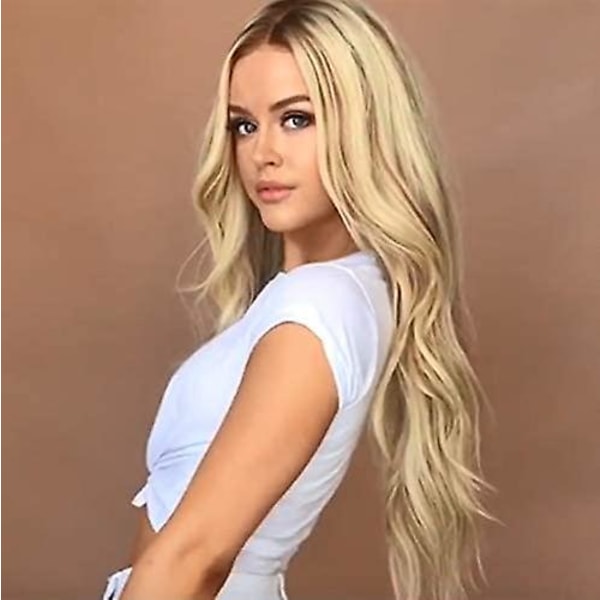 Ombre blond peruk med mörka rötter Naturlig vågig lång lockig syntetisk peruk för kvinnor Cosplay
