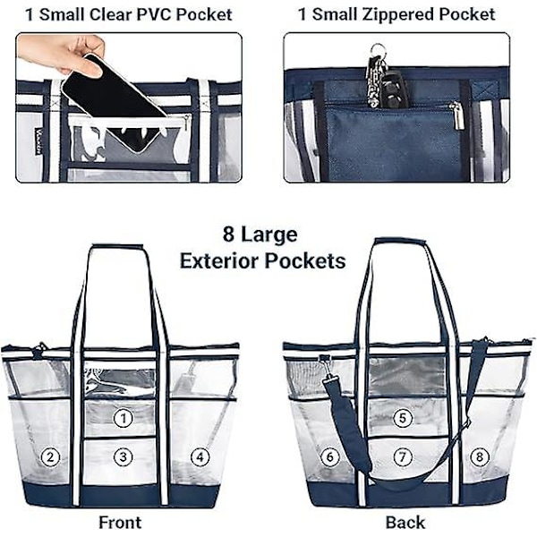 42l Extra Stor Mesh Strandväska. 9 Fack Topp Zip Tote Väska Axelväska
