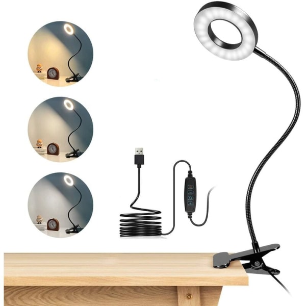 LED clip-on skrivebordslampe 360° fleksibel clip-on lampe 3 lysmoduser Studer og arbeid i ett stykke