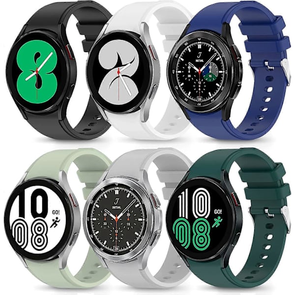 6-pack Kompatibel med Samsung Watch 4 Band 40mm 44mm/ Galaxy Watch 4 Classic Band 46mm 42mm, Silver Spänne Mjuk Silikon Sport Ersättningsarmband för