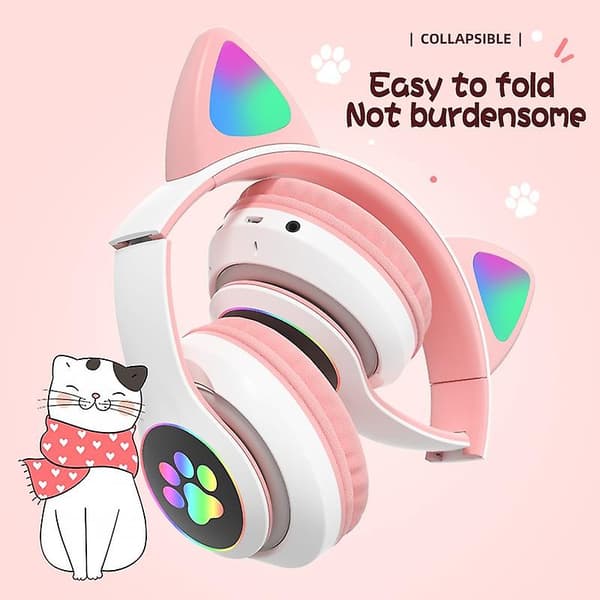 B39 Söta Kattöron Trådlösa Hörlurar Glitter Led Fällbara Bluetooth 5.0 Gaming Headset Brusreducering Kort Stödjer