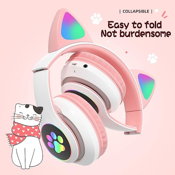 B39 Söta Kattöron Trådlösa Hörlurar Glitter Led Fällbara Bluetooth 5.0 Gaming Headset Brusreducering Kortstöd