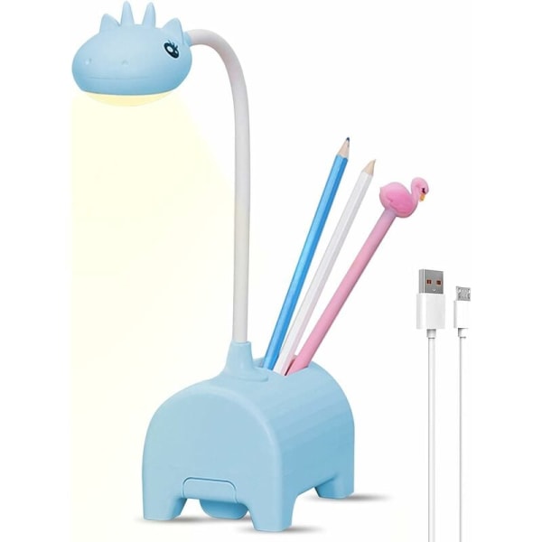 LED-bordslampa för barn, bordslampa med 3 färger och dimbar, pekbrytare/ USB -port/pennhållare, läslampa för barnrum, arbetsrum, arbete (blå)