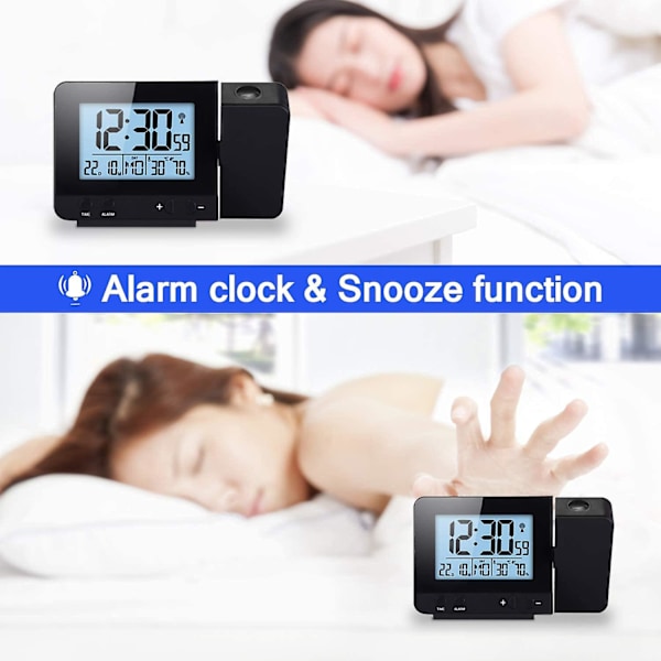 Digital Projektionsklocka, Sängbordsdimmer Väckarklocka Tid Temperatur Skyddsklocka Med Snooze
