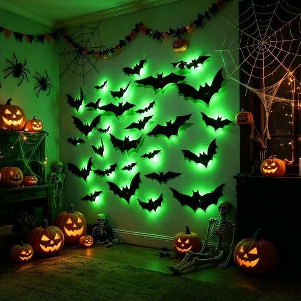 Set med 36 gröna LED 3D Halloween-fladdermöss, inomhus väggdekoration för sovrum, dörr, spegel, fest