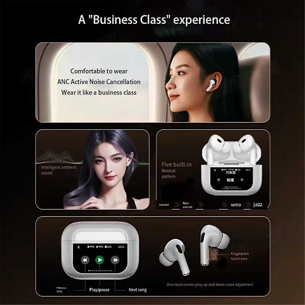 Nye A8Pro Bluetooth 5.4 trådløse øretelefoner LCD farveskærm ANC+ENC aktiv støjreduktion TWS 15 nationale sprog A（Sort）