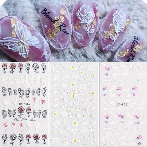 Ros Nagelkonst Dekaler 5D Utsökt Präglad Nagelkonst Tillbehör Självhäftande Nagelkonst Dekoration Svart Vit Fjärilsvingar Rosblomma Fjäder Carvin