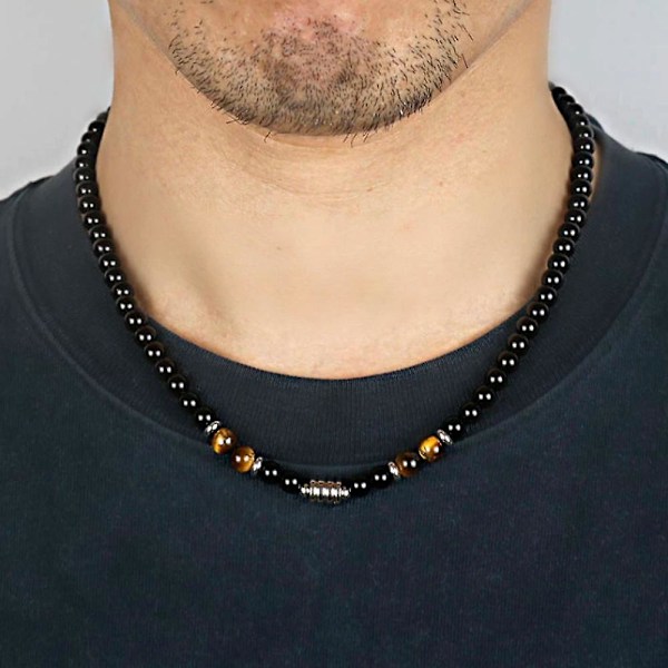 Trendig Halsband i Naturlig Tigeröga Sten Pärlor för Män Vintage Rostfritt Stål Geometrisk Hänge Halsband Herrsmycken